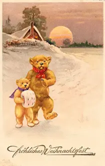 Teddy bears on a German Christmas postcard