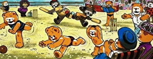 Images Dated 8th November 2007: Teddy bears playing cricket on the beach