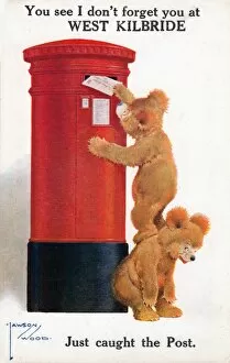 Two teddy bears posting a letter