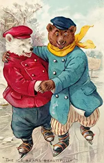 Bears Prints: Two teddy bears skating on a Christmas postcard