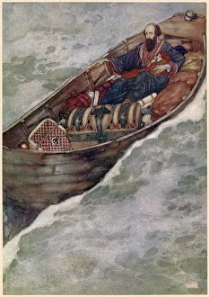 The Tempest by William Shakespeare. Act I, scene II. Prospero: A rotten carcass of a butt, not rigg'd, nor tackle, sail nor mast. Prospero and Miranda are cast upon the ocean in an unseaworthy boat. Illustration by Edmund Dulac. Date: 1908