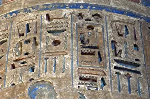Polychromy Prints: Temple of Ramses III. Egyptian hieroglyphs. Relief. Egypt