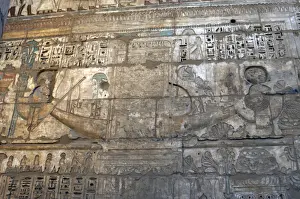 Barque Prints: Temple of Ramses III. Sacred solar boat procession. Relief