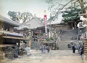 Temple and street scene, Yokohama, Japan, circa 1880s