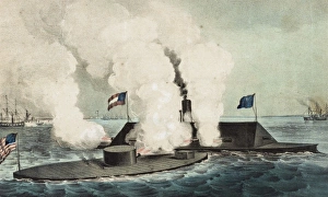 Merrimac Gallery: Terrific combat between the Monitor 2 guns & Merrimac 10 gun