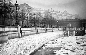Thames Embankment and frozen River Thames, London