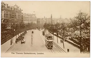 Cabs Prints: The Thames Embankment just before World War One ; an electric tram passes a line of waiting cabs near Cleopatra's