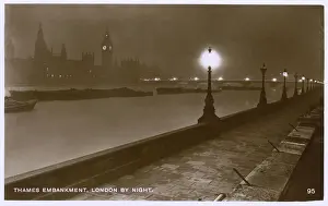 Parliament Prints: Thames Embankment by night - View toward Westminster, London