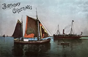 Passed Collection: Thames wherry being passed by a steam ferry - Essex, England