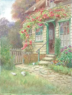 Ashburner Prints: Thatched cottage with garden Garden Flowers Watercolour