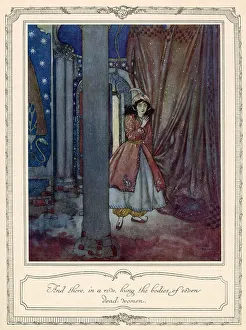 And there, in a row, hung the bodies of seven dead women. Scene from Bluebeard illustrated by Edmund Dulac. Date: 1911