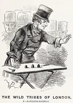 Clever Prints: A thimble-rigger in a London street tries to trick members of the crowd with clever