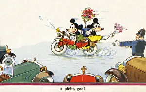 At Full Throttle - two cartoon mice on their motorbike At Full Throttle - two cartoon mice on their motorbike