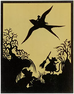 Silhouettes Collection: Thumbelina flies away on the Swallows back