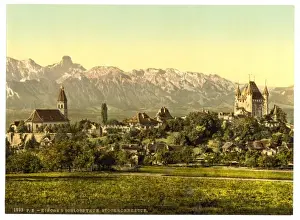 Thun Prints: Thun, church and castle, with view of Stockhorn, Bernese Obe