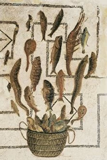 Tile mosaic depicting some fish. Roman art. Early