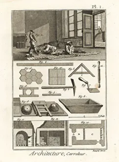 Tilers working on a building floor, 18th century