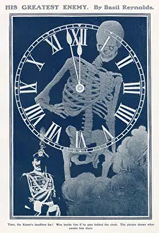 Time, the Kaiser's deadliest foe! Woe betide him if he gets behind the clock. The picture shows what awaits him there. A rather dark depiction of the fate awaiting the German Emperor