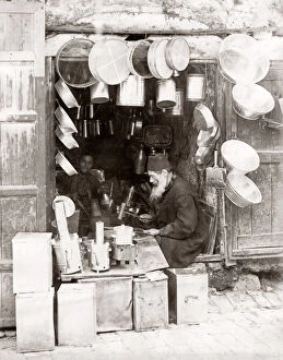 Tinsmith at work in his shop, Cairo, Egypt, c.1880's