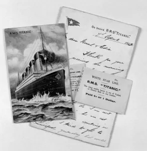 Ship Wreck Prints: Titanic postcard, letter, Turkish Bath ticket stub