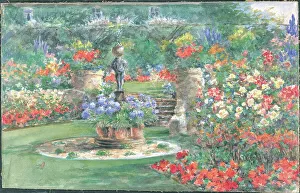 (No title Garden with flowers statue steps
