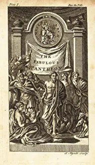 Roman Myth Prints: Title page with banner The Fabulous Pantheon and classical gods