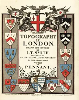 Topography Prints: Title page with calligraphy and heraldic shields