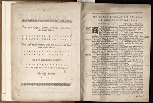 Title page verso, including guide to characters, and first p