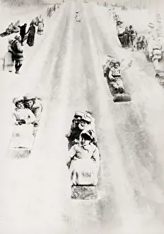 Toboggans Prints: Tobogganing in snow, studio composite montage William Notman