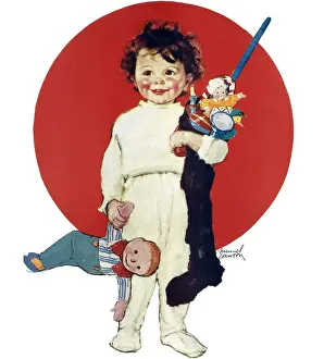 Toddler with Christmas stocking by Muriel Dawson