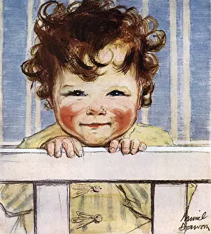 Toddler looking over side of cot by Muriel Dawson