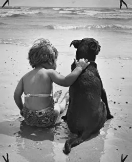 Images Dated 25th January 2017: Toddler and pet dog sitting on a beach