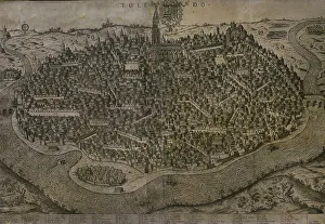 Walled Prints: Toledo, Spain. View of the city. 1585. Etching