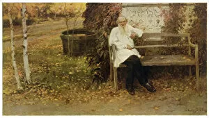 Tolstoy Collection: Tolstoy Sits on Bench