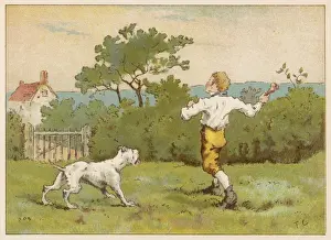 Tom the Pipers Son throws a bone for a dog