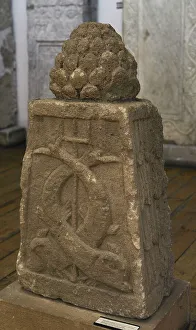 Dolphins Prints: Tombstone. Pine cone, dolphins and trident. 2nd-3rd