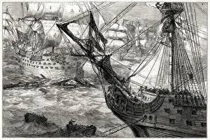 1700s Prints: The Torbay forcing the boom at the Battle of Vigo Bay, Galicia, Spain, 23 October 1702