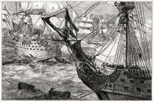 Images Dated 17th August 2021: The Torbay forcing the boom at the Battle of Vigo Bay, Galicia, Spain, 23 October 1702