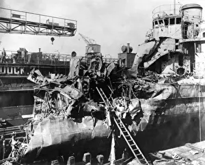 Twisted Prints: Torpedoed British ship in dock, WW1