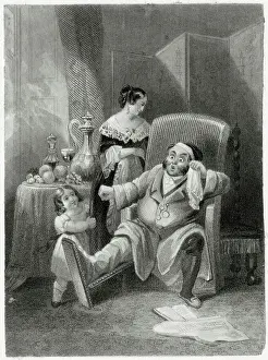 Brow Prints: A touch of gout - an elderly gentleman mops his brow whilst his wife and young daughter attend to him Date