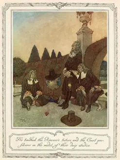 She touched the Princess's tutors and the Court professors in the midst of their deep studies. Scene from Sleeping Beauty, illustrated by Edmund Dulac. Date: 1911