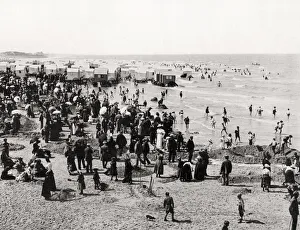 Bathers Prints: Tourist & bathers, bathing cars on beach at Ostend, Belgium