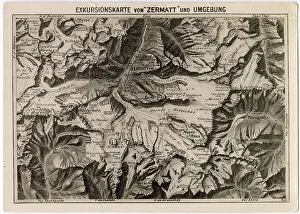 Zermatt Prints: Tourist map of Zermatt and surrounding area, Valais, Switzerland Date: 1929