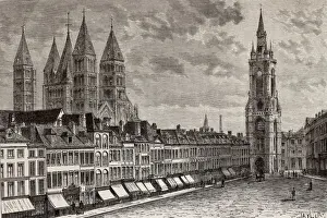 Tournai. Gran Place with bell tower and cathedra