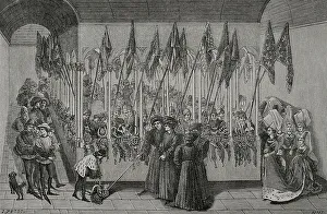 Standards Prints: Tournaments. Review of helmets in the cloister