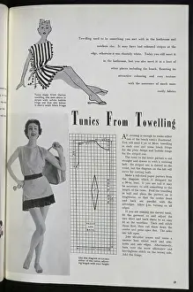 Beachwear Prints: A towelling tunic for the beach, complete with a pattern to make it oneself. Date: 1954
