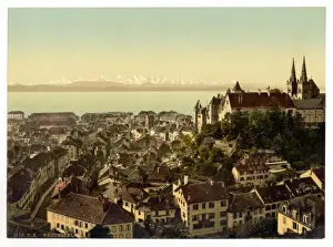 Neuchatel Prints: The town, general view showing the alps, Neuchatel