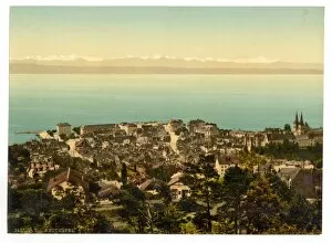 The town, general view showing the Alps, Neuchatel, Switzerl