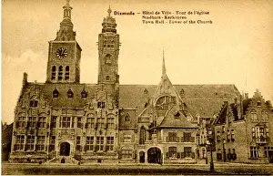 Diksmuide Prints: Town Hall and Church Tower, Dixmude, Belgium