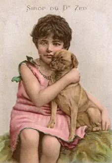 Hugging Prints: Trade card for Dr Zed syrup, girl with pug dog